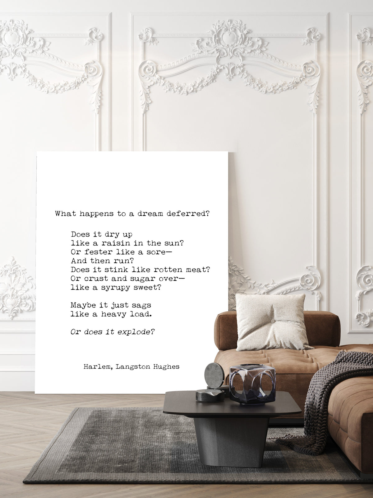 Langston Hughes Harlem poem print, What happens to a dream deferred, in typewriter type, shown unframed in a living room