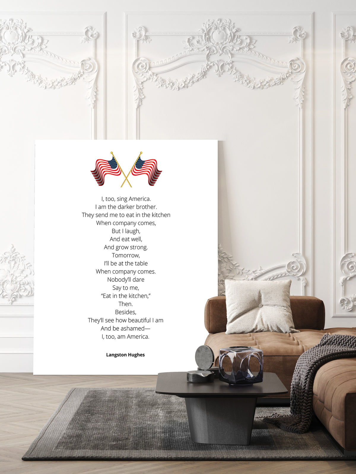 Langston Hughes I, Too, Sing America full poem print with crossed American flags, shown unframed in a living room