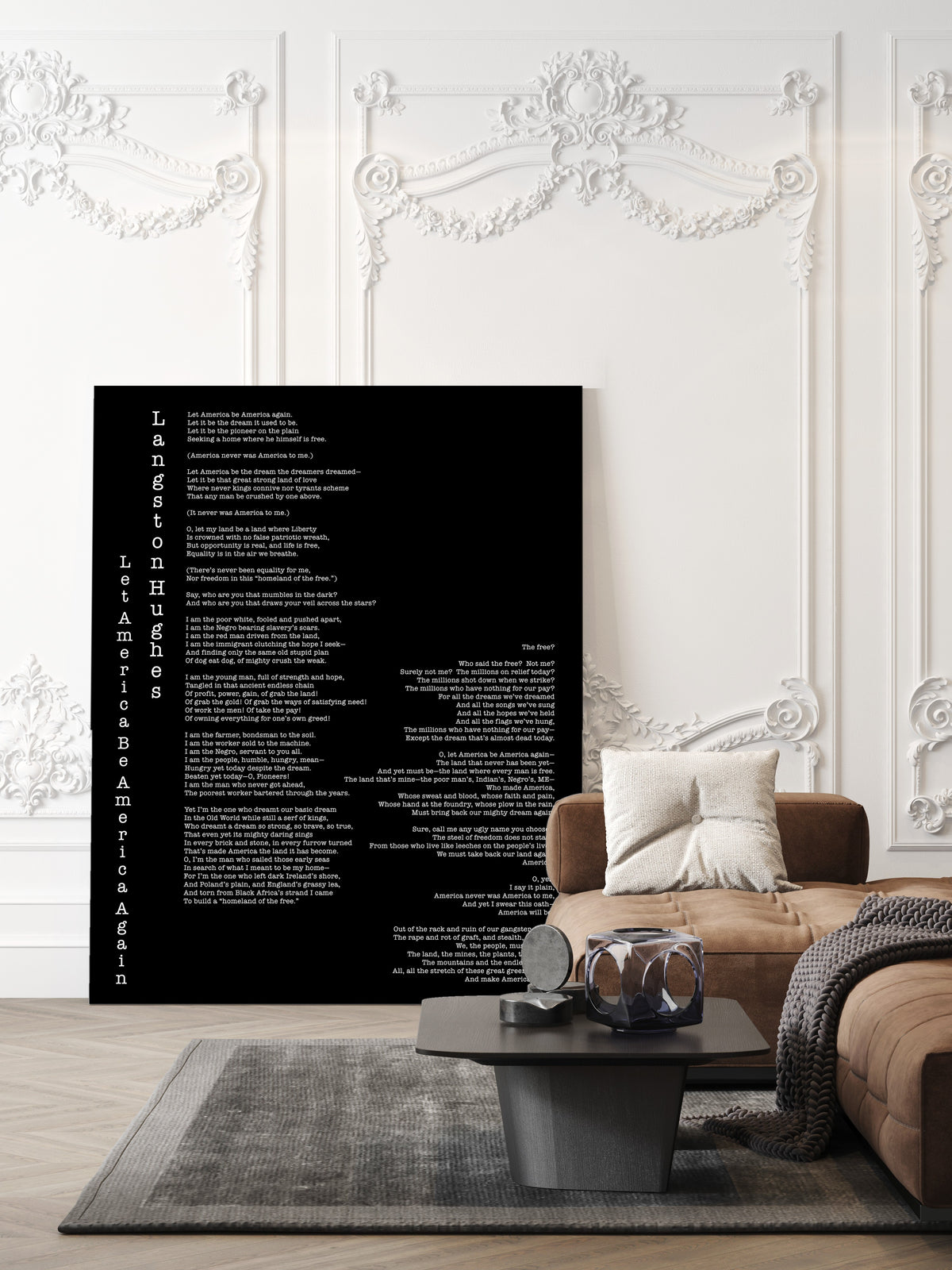 Langston Hughes Let America Be America Again full poem print in typewriter type, black background, shown unframed in a living room