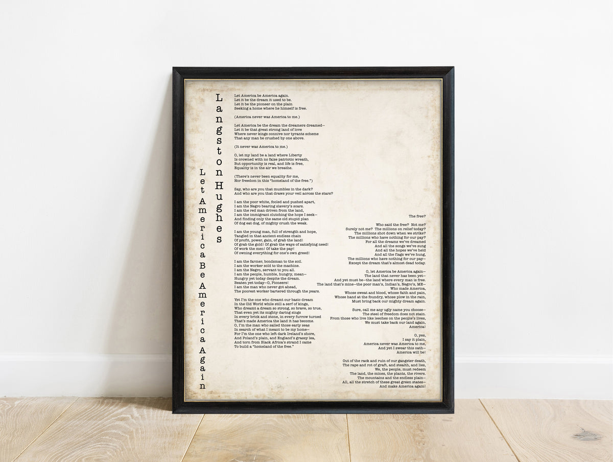 Langston Hughes Let America Be America Again full poem print in typewriter type, vintage background, in a black frame
