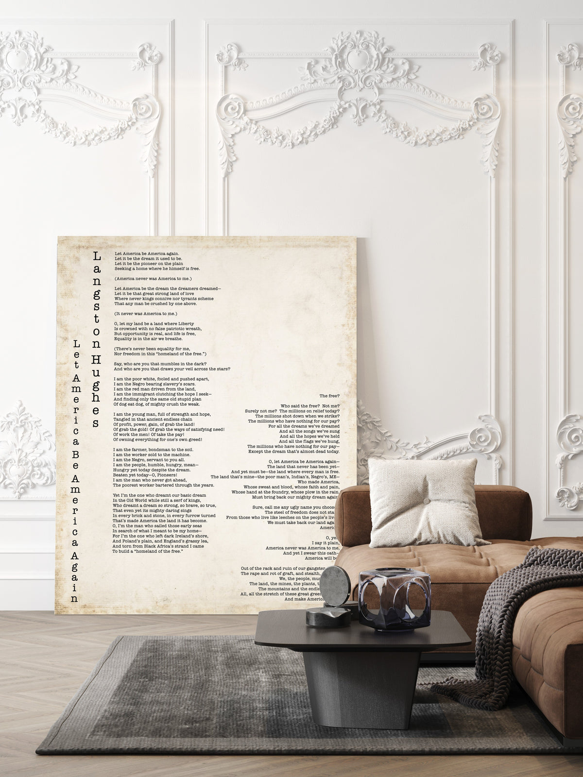 Langston Hughes Let America Be America Again full poem print in typewriter type, vintage background, shown unframed in a living room