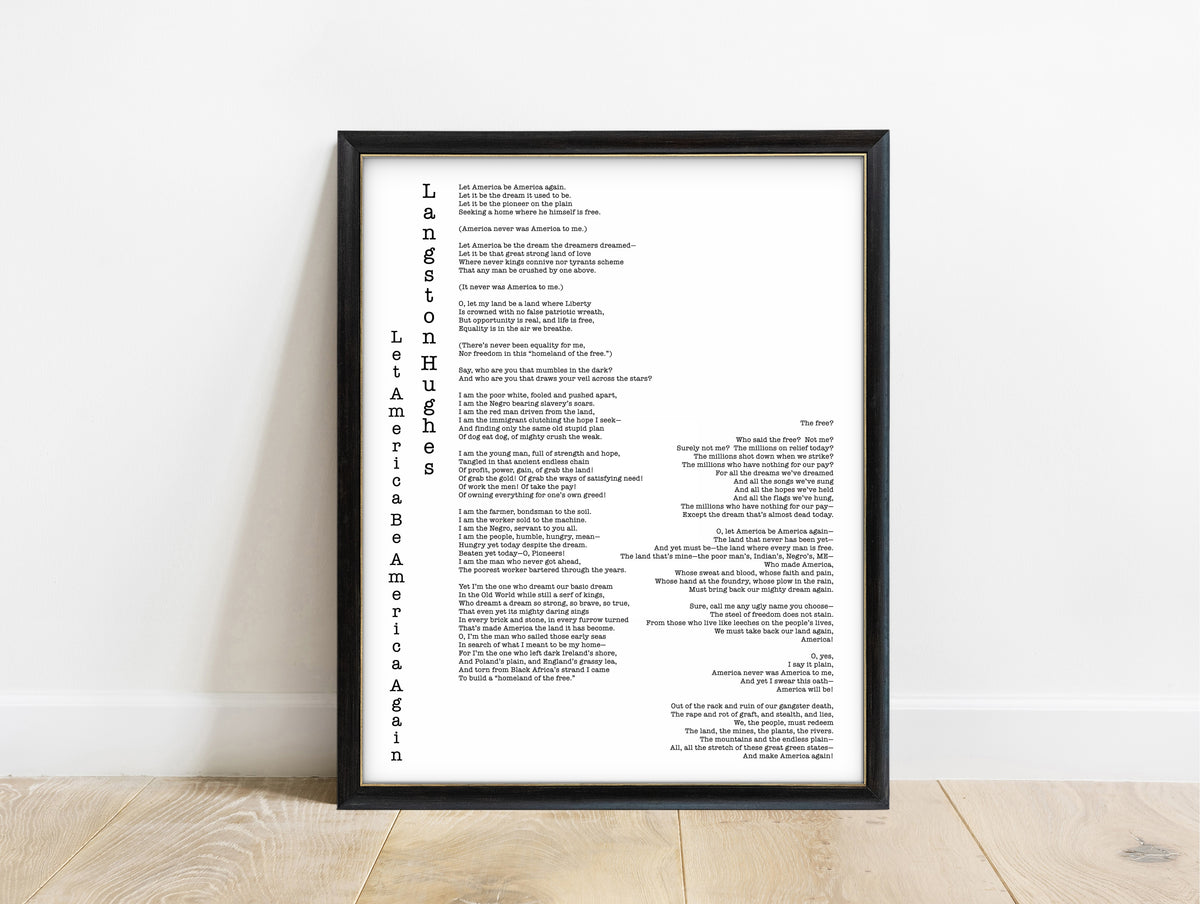 Langston Hughes Let America Be America Again full poem print in typewriter type, white background, in a black frame