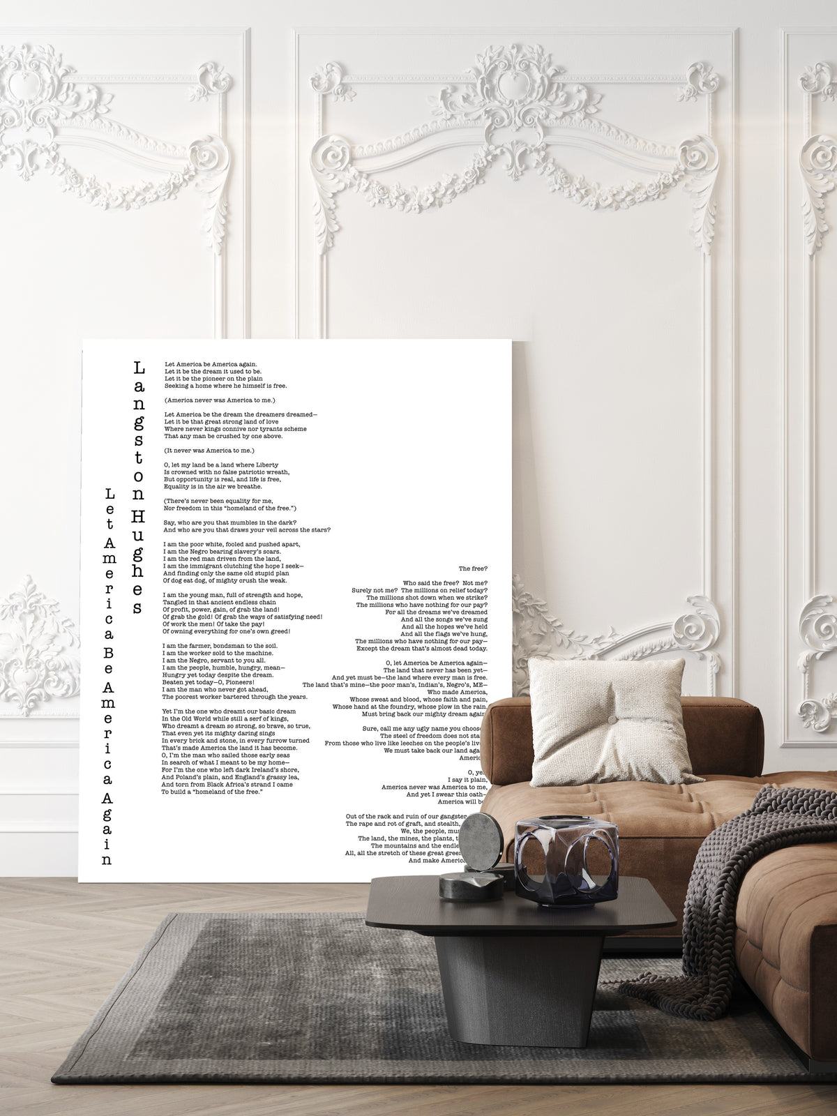 Langston Hughes Let America Be America Again full poem print in typewriter type, white background, shown unframed in a living room