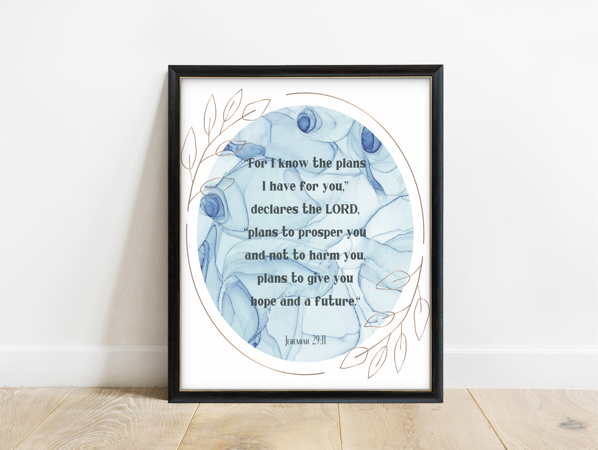 Jeremiah 29:11 Bible verse print with blue marble oval and gold leaves, in a black frame