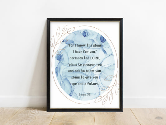 Jeremiah 29:11 Bible verse print with blue marble oval and gold leaves, in a black frame