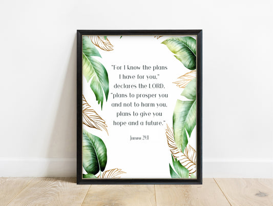 Jeremiah 29:11 Bible verse print with green watercolour leaves, in a black frame
