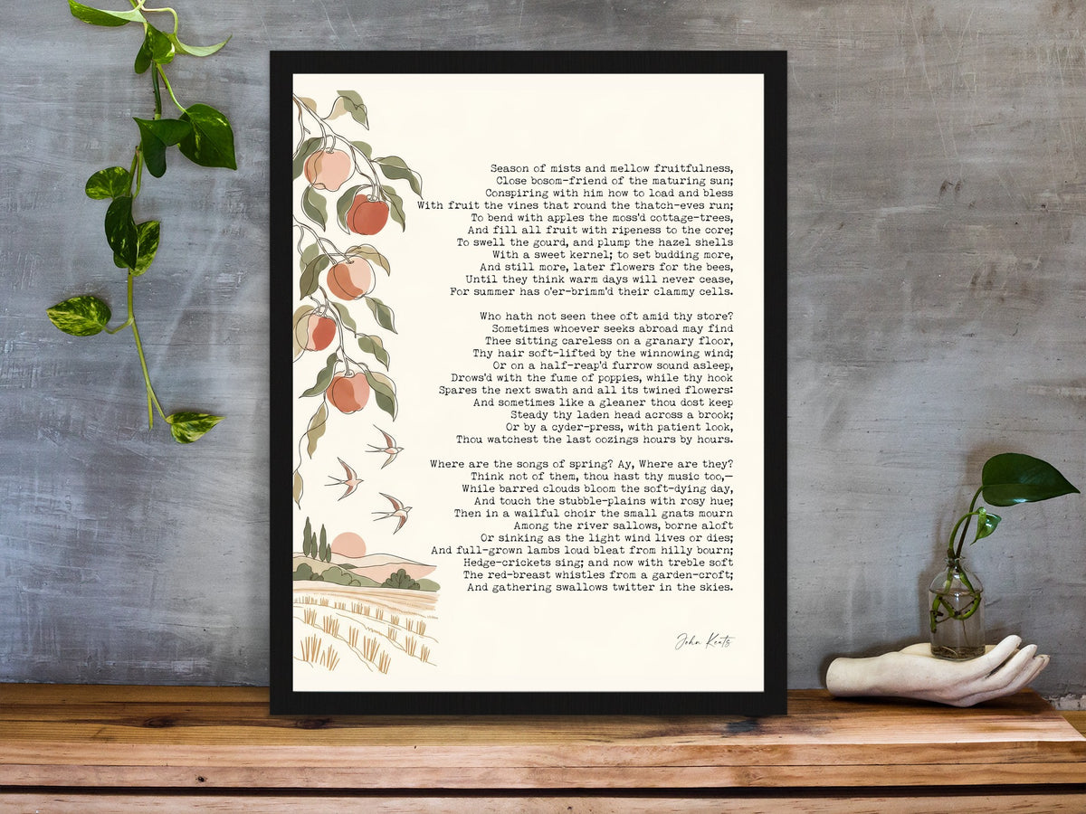 John Keats To Autumn poem with apple branch and swallows illustration print framed on a desk