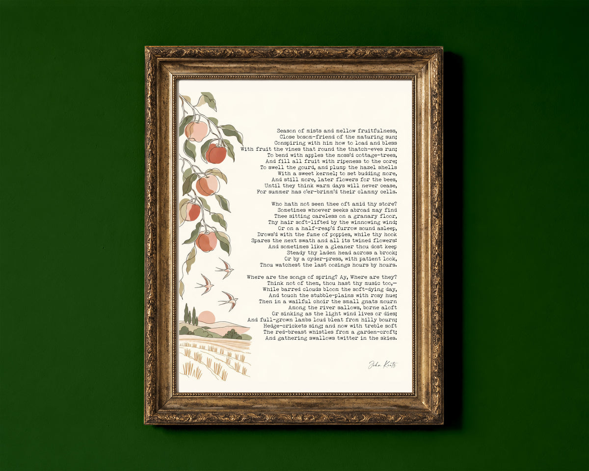 John Keats To Autumn poem with apple branch and swallows illustration print shown in a gold frame for display only; framed prints are sent in a black frame