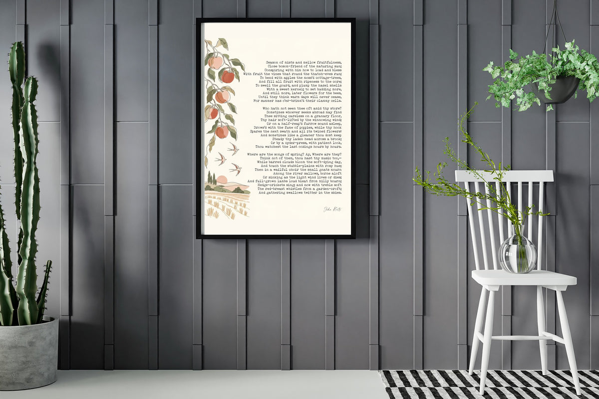 John Keats To Autumn poem with apple branch and swallows illustration print framed in a room with plants
