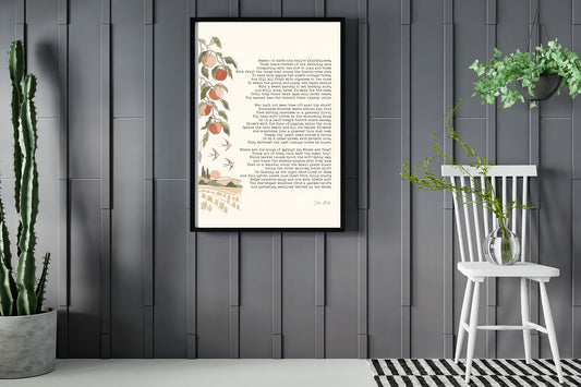 John Keats To Autumn poem with apple branch and swallows illustration print framed in a room with plants