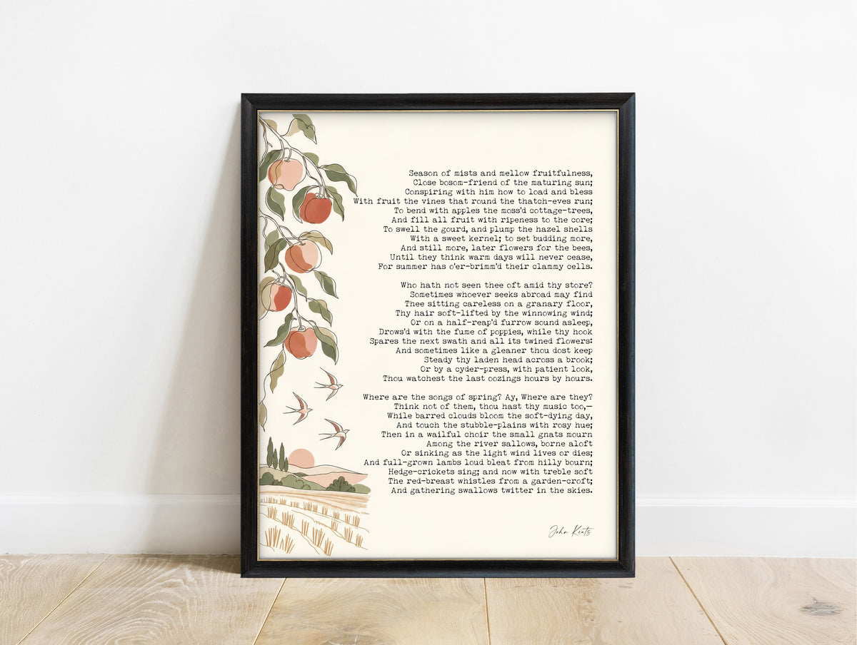 John Keats To Autumn poem with apple branch and swallows illustration print in a black frame