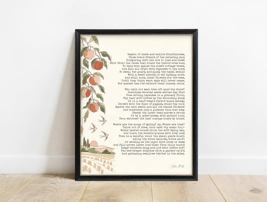 John Keats To Autumn poem with apple branch and swallows illustration print in a black frame