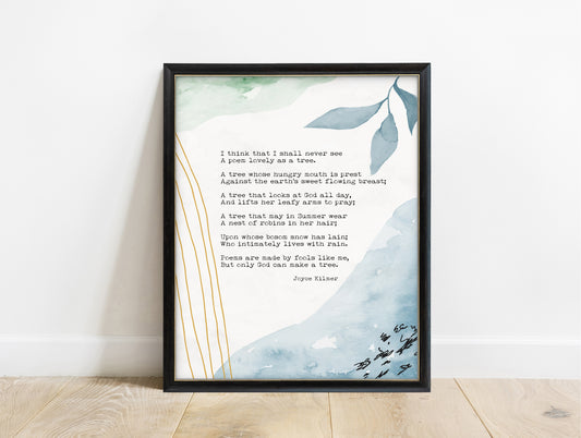 Joyce Kilmer Trees poem print with blue watercolour, in a black frame