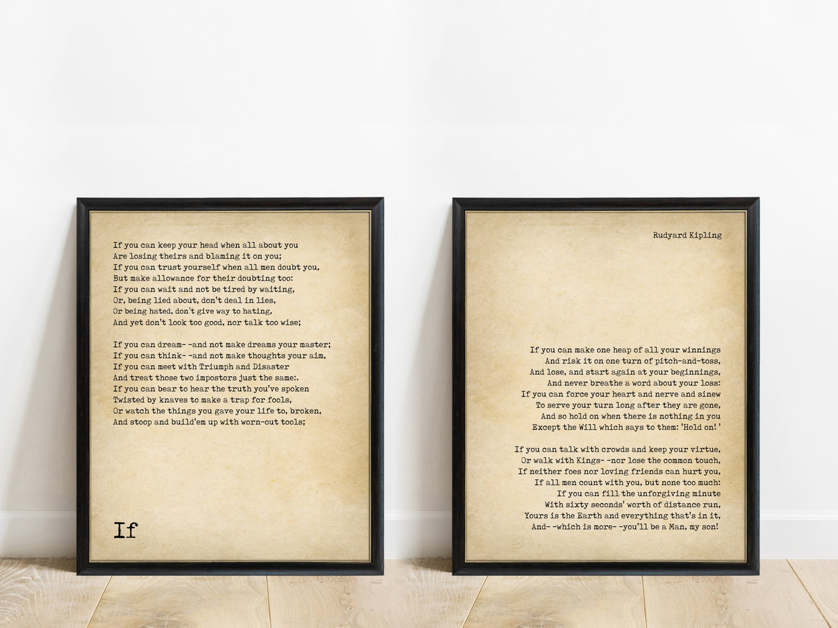 Rudyard Kipling If poem set of two prints in black frames, vintage background