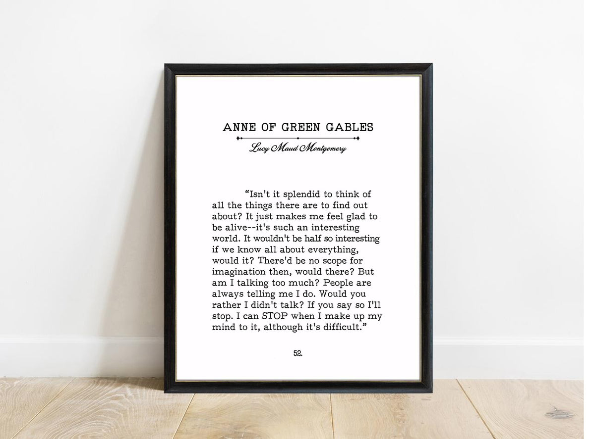 Anne of Green Gables Isn't It Splendid book page print in a black frame, white background