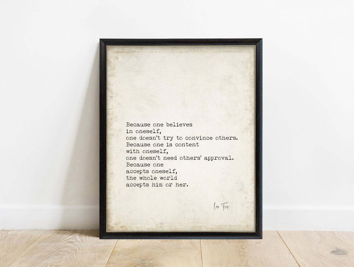 Lao Tzu because one believes in oneself typewriter quote print in a black frame, vintage background