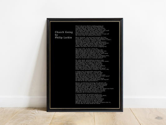 Philip Larkin Church Going typewriter poem print in a black frame, black background
