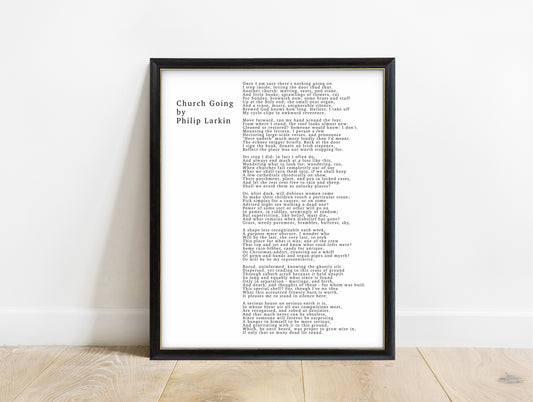 Philip Larkin Church Going typewriter poem print in a black frame, white background