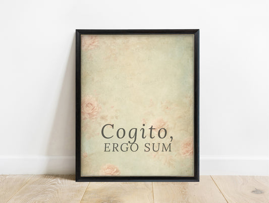 Cogito ergo sum Latin quote print on vintage paper with pink roses, in a black frame