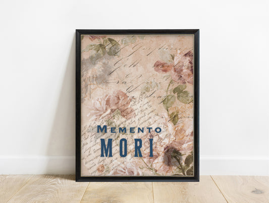 Memento mori Latin print in navy capitals over vintage roses and script, in a black frame