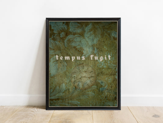 Tempus fugit Latin print in gothic lettering over green damask and a clock face, in a black frame