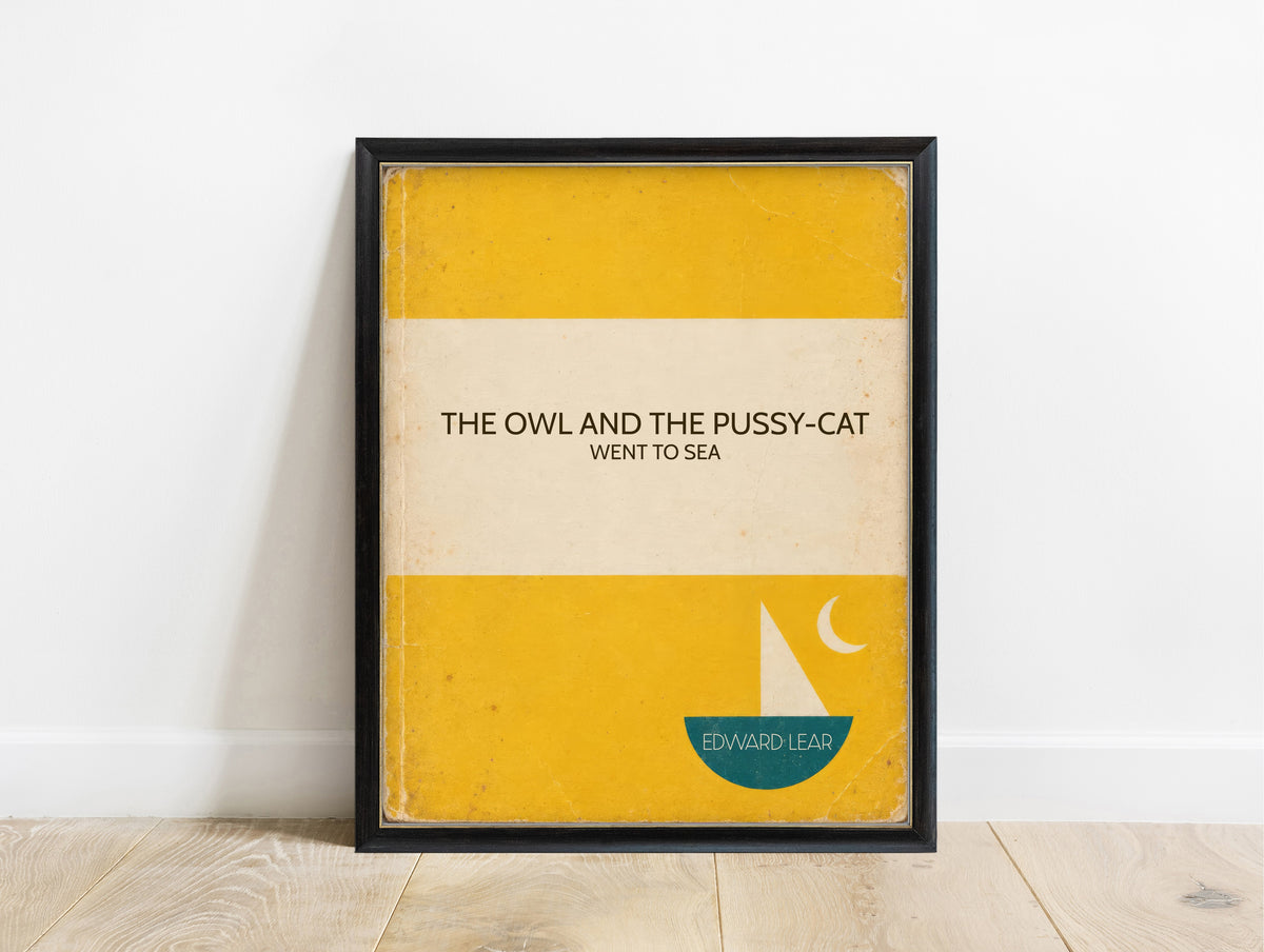 The Owl and the Pussy-cat went to sea, Edward Lear, in a retro yellow book cover design with a little boat and moon, in a black frame