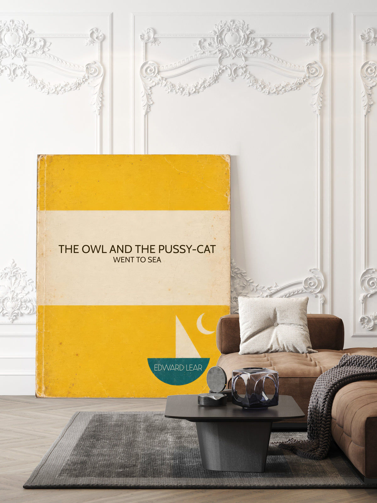 The Owl and the Pussy-cat went to sea, Edward Lear, in a retro yellow book cover design with a little boat and moon, shown unframed in a living room