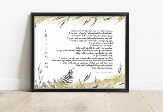 Letting Go poem landscape print with gold ferns signed Nelson Mandela, in a black frame