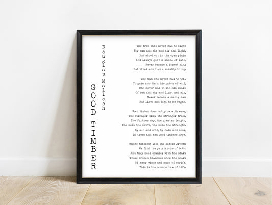 Douglas Malloch Good Timber poem print with vertical typewriter title in a black frame, white background