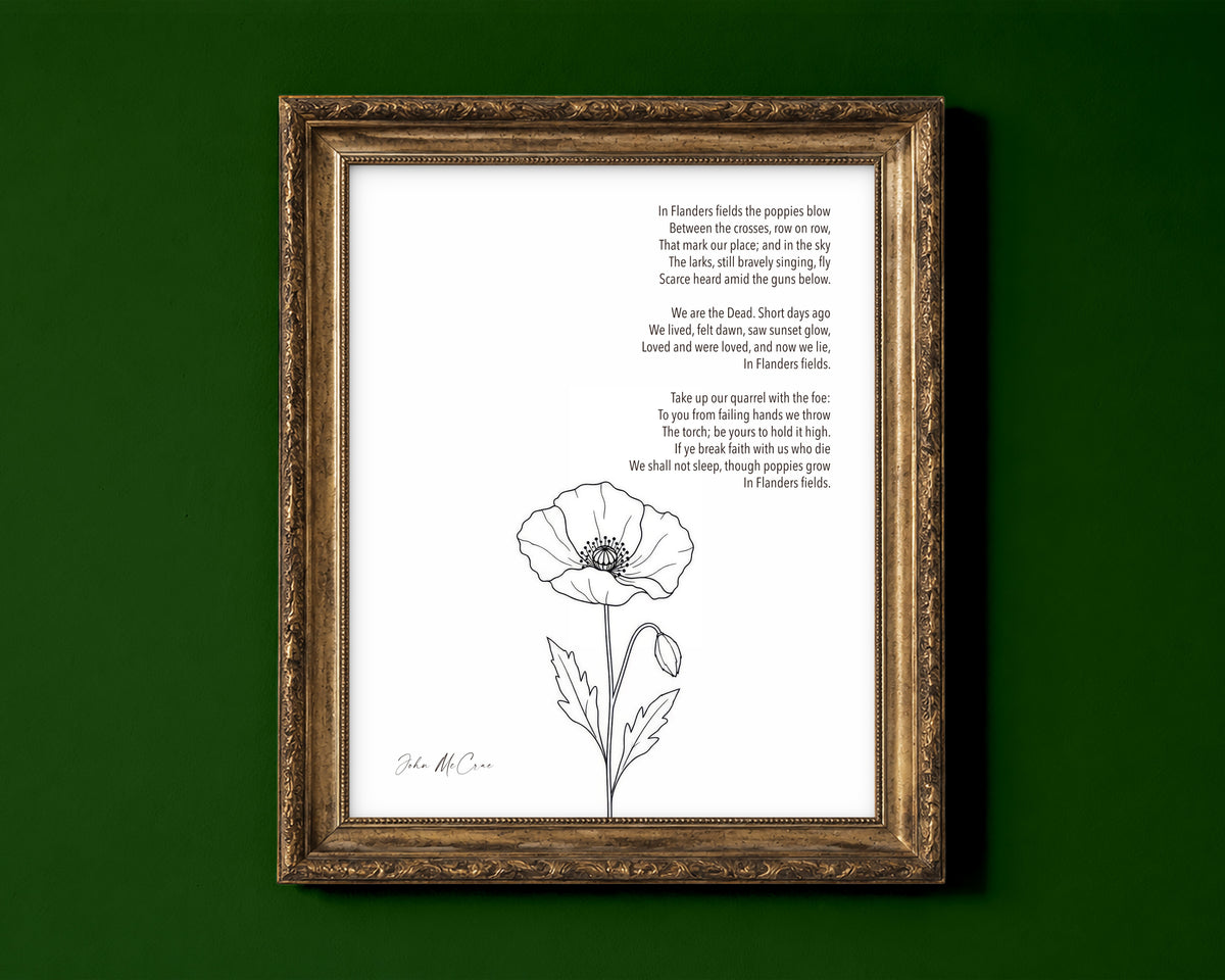 In Flanders Fields poem by John McCrae with a single poppy line drawing, remembrance poem print shown in a gold frame for display only; framed prints are sent in a black frame