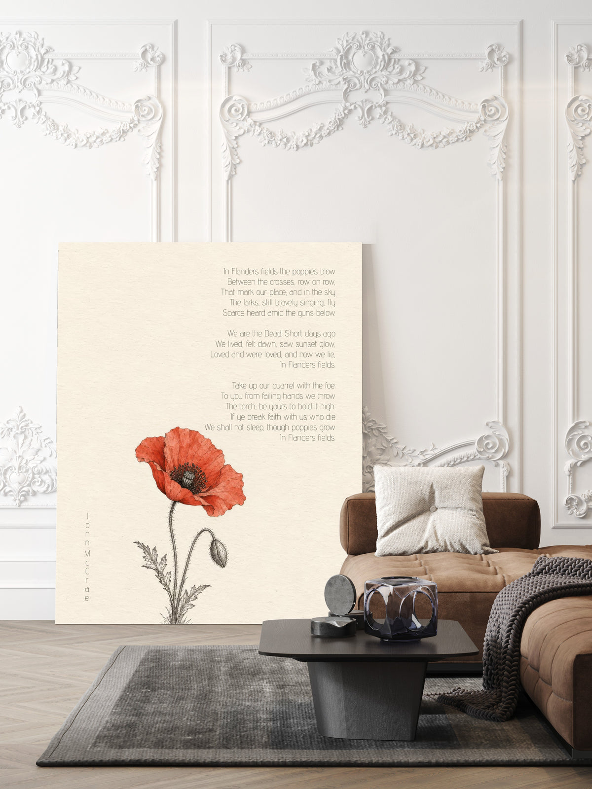 In Flanders Fields poem by John McCrae with a single red poppy botanical illustration, remembrance poem print shown unframed in a living room