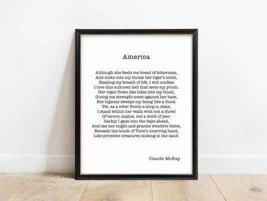 Claude McKay America sonnet typewriter poem print in a black frame, white background