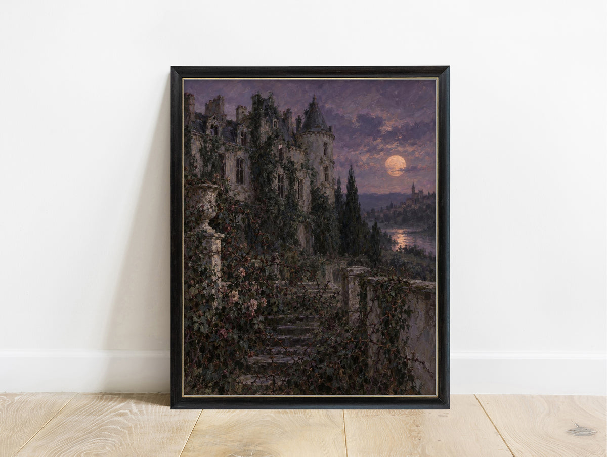 Ivy covered French chateau at dusk with a rose terrace and full moon over the river, dark academia oil painting print in a black frame