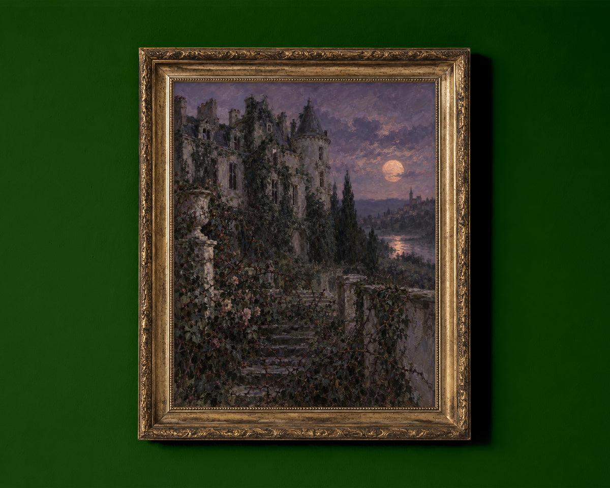 Ivy covered French chateau at dusk with a rose terrace and full moon over the river, dark academia oil painting print shown in a gold frame for display only; framed prints are sent in a black frame