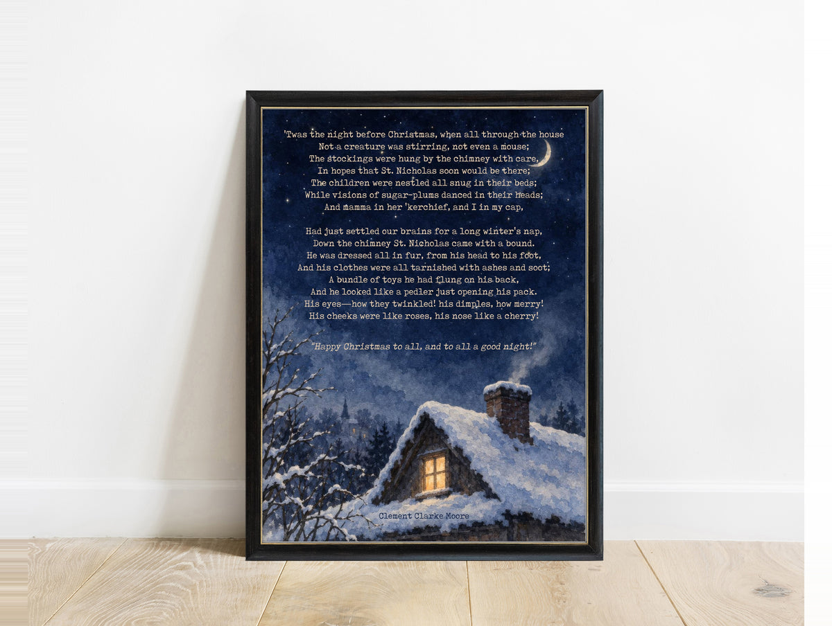 'Twas the night before Christmas poem lines by Clement Clarke Moore over a snowy cottage at night, watercolour Christmas print in a black frame