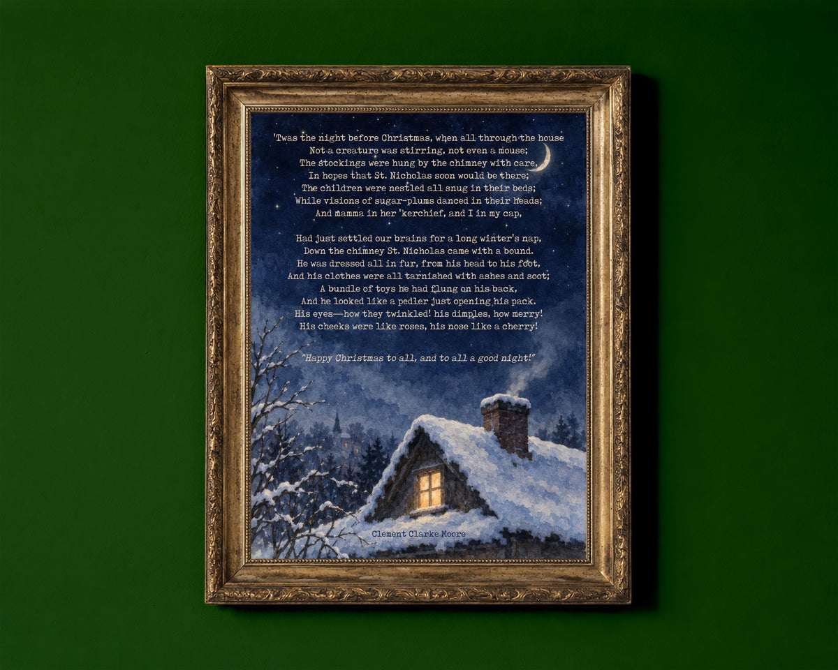 'Twas the night before Christmas poem lines by Clement Clarke Moore over a snowy cottage at night, watercolour Christmas print shown in a gold frame for display only; framed prints are sent in a black frame