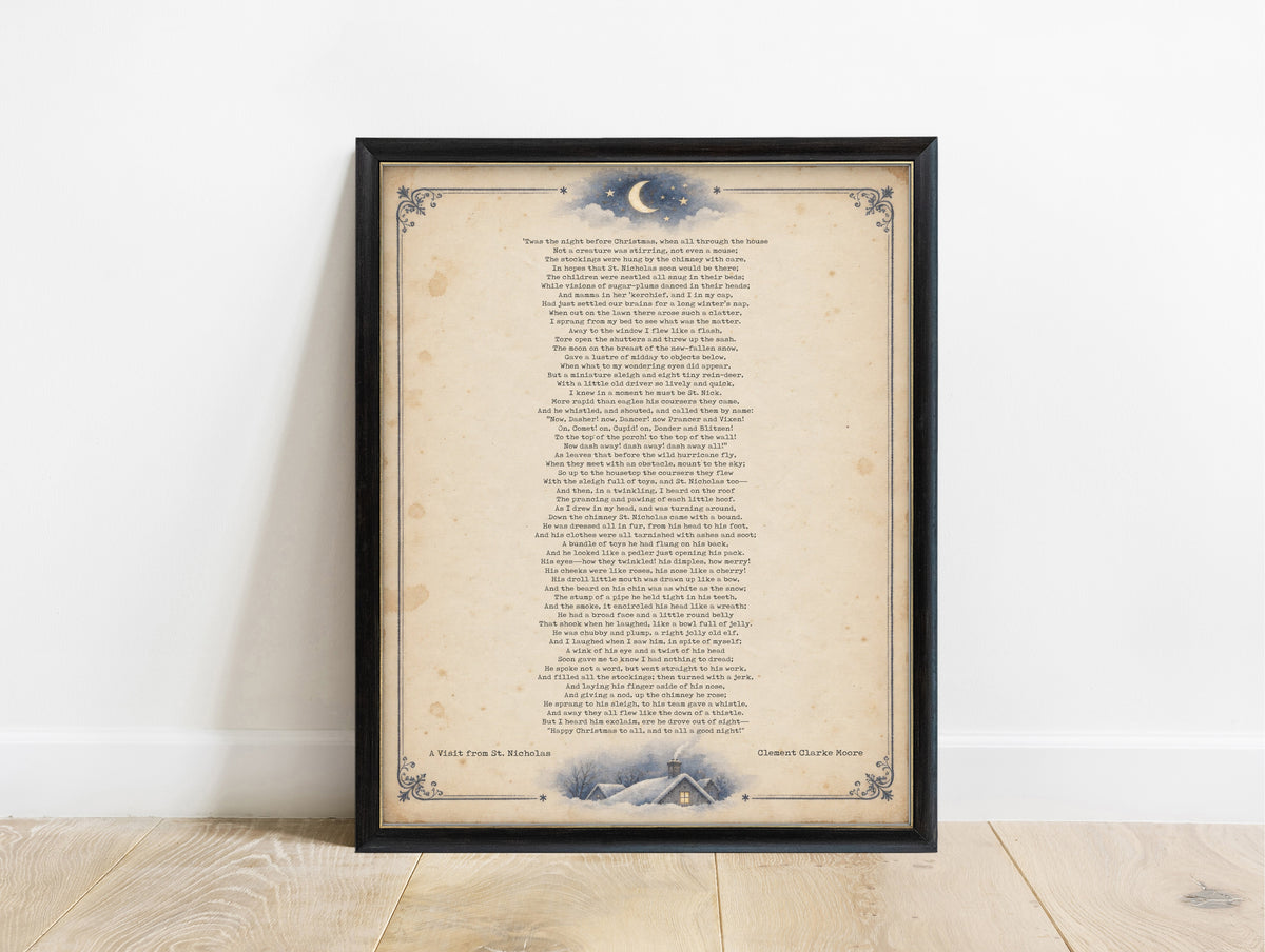 A Visit from St. Nicholas full poem, The Night Before Christmas by Clement Clarke Moore, on antique paper with moon and snowy cottage in a black frame