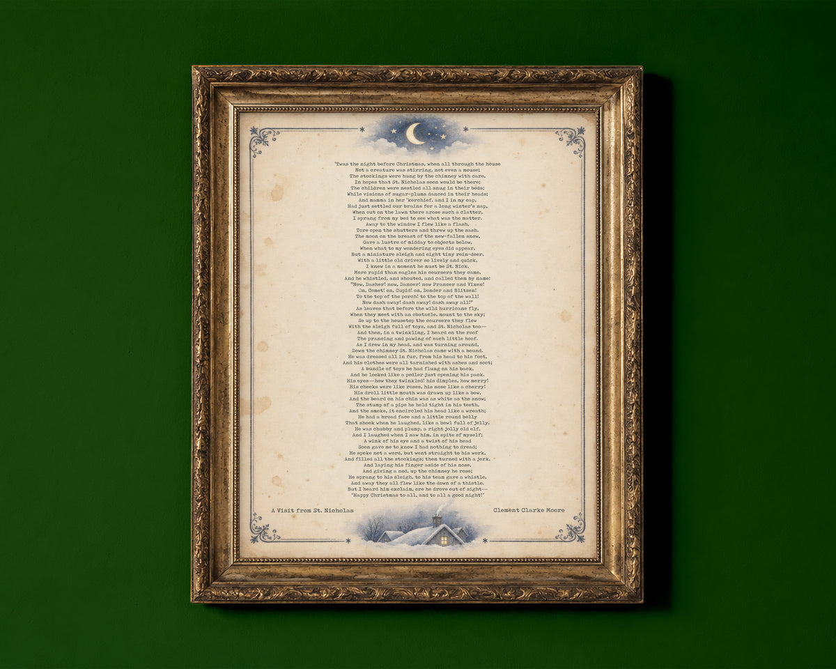 A Visit from St. Nicholas full poem, The Night Before Christmas by Clement Clarke Moore, on antique paper with moon and snowy cottage shown in a gold frame for display only; framed prints are sent in a black frame