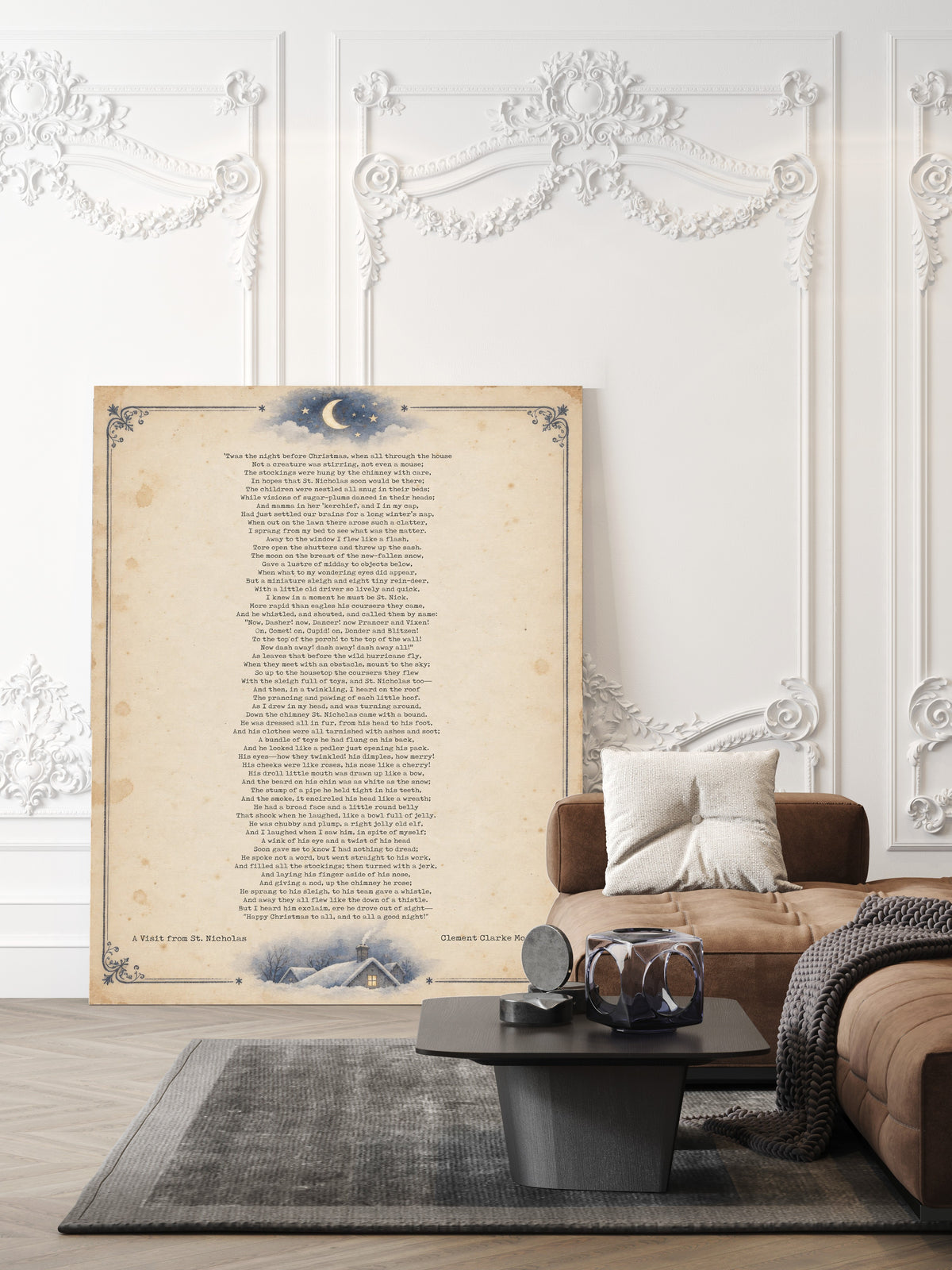 A Visit from St. Nicholas full poem, The Night Before Christmas by Clement Clarke Moore, on antique paper with moon and snowy cottage shown unframed in a living room