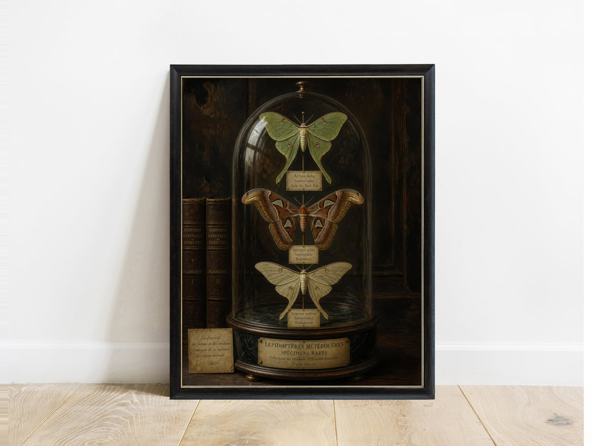 Luna moth, atlas moth and comet moth pinned under a glass bell jar with French museum labels, dark academia natural history print in a black frame
