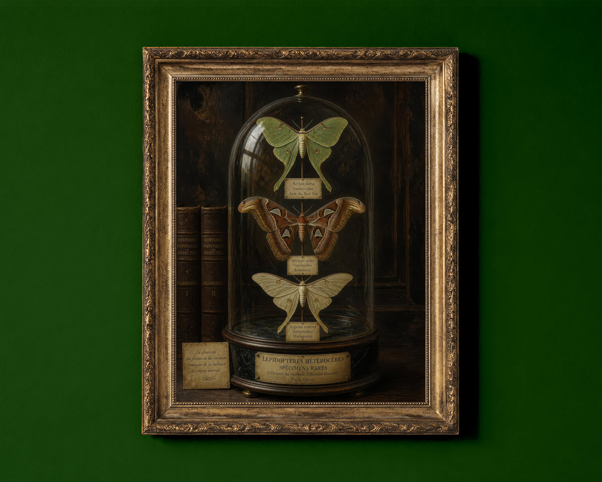 Luna moth, atlas moth and comet moth pinned under a glass bell jar with French museum labels, dark academia natural history print shown in a gold frame for display only; framed prints are sent in a black frame