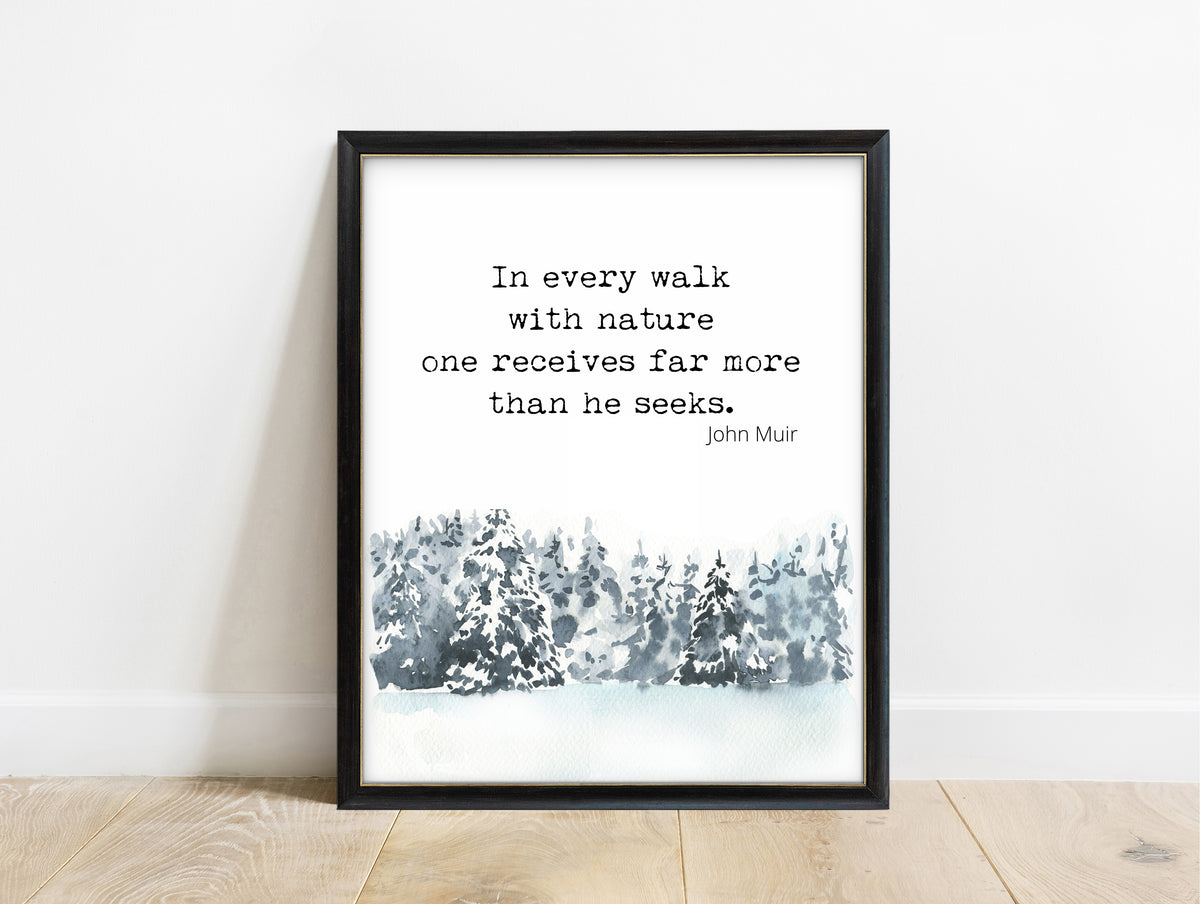 John Muir in every walk with nature quote print with snowy pine forest, in a black frame