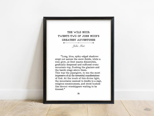 John Muir The Wild Muir alpenglow book page print in a black frame, white background