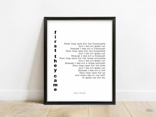 Martin Niemoller first they came poem print with vertical title in a black frame, white background