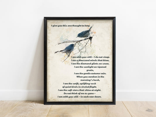 I give you this one thought to keep memorial prayer print with watercolour birds in a black frame, vintage background
