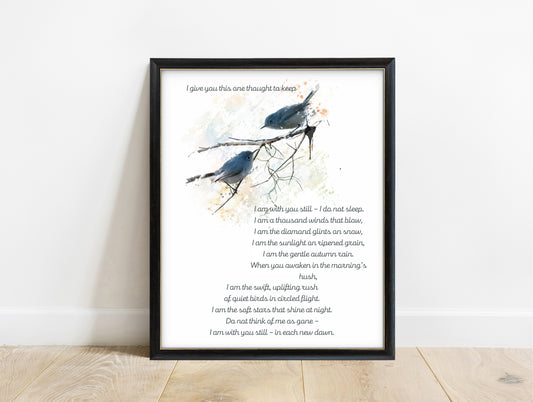 I give you this one thought to keep memorial prayer print with watercolour birds in a black frame, white background