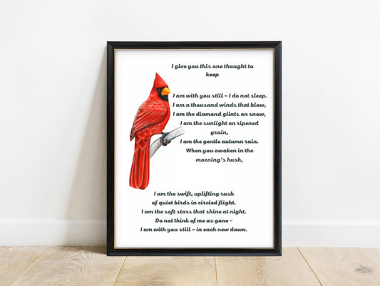 I give you this one thought to keep memorial prayer print with a red cardinal in a black frame, white background
