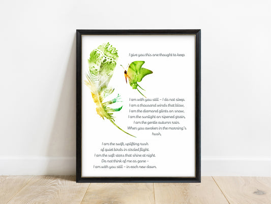 I give you this one thought to keep memorial prayer print with green feather and butterfly in a black frame, script type