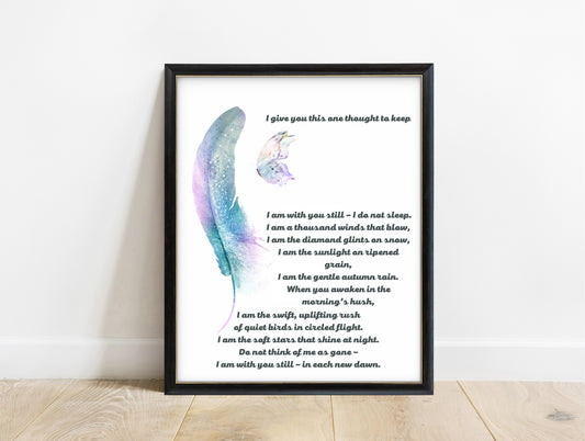 I give you this one thought to keep memorial prayer print with pastel feather and butterfly, in a black frame