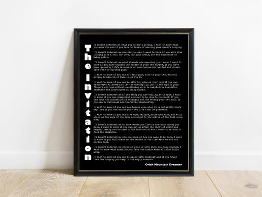 Oriah Mountain Dreamer The Invitation poem print with vertical title in a black frame, black background